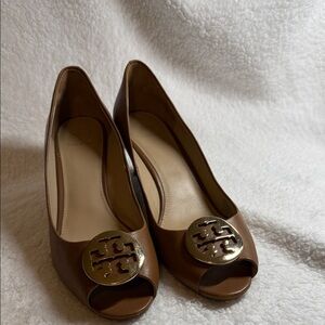 Tory Burch Brown Peep-Toe Heels with Gold Accent